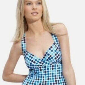 Calvin Klein Blue White Polka Dot Pleated Fit and Flare Dress